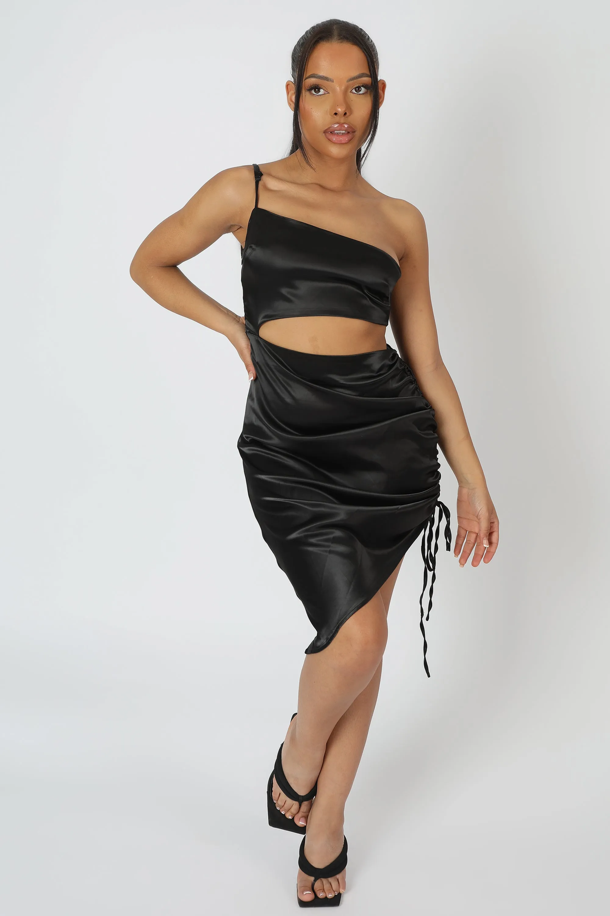 Asymmetric Cut Out Ruched Satin Midi Dress Black sold by Public Desire