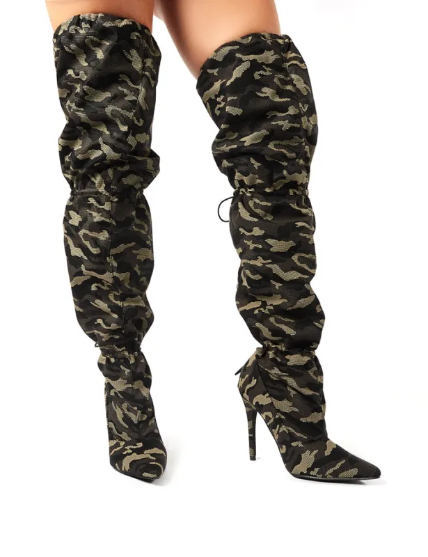 Harem Camo Stiletto Heeled Over the Knee Boots sold by Public Desire
