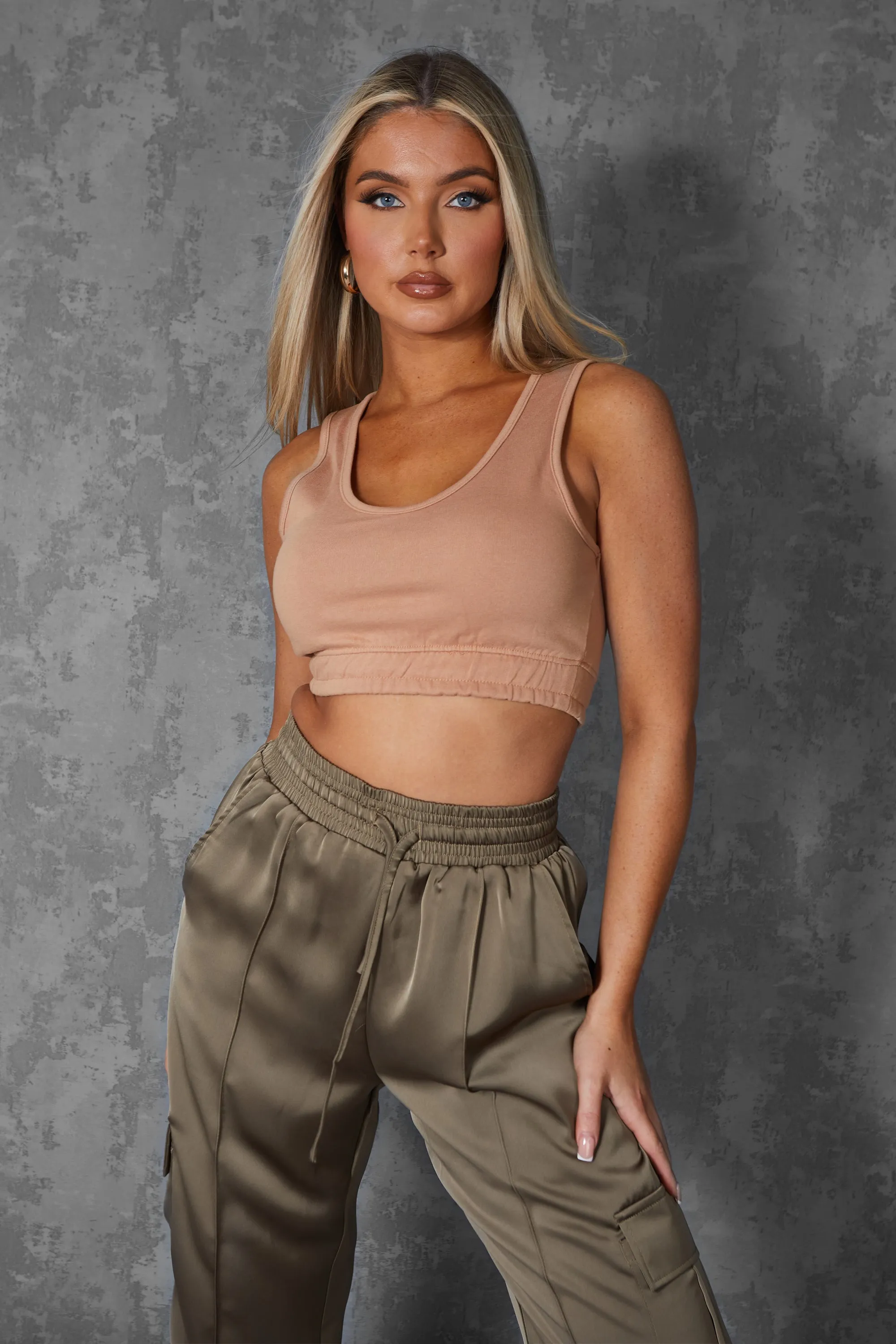 Elasticated Waist Sweat Scoop Neck Crop Top Camel sold by Public Desire