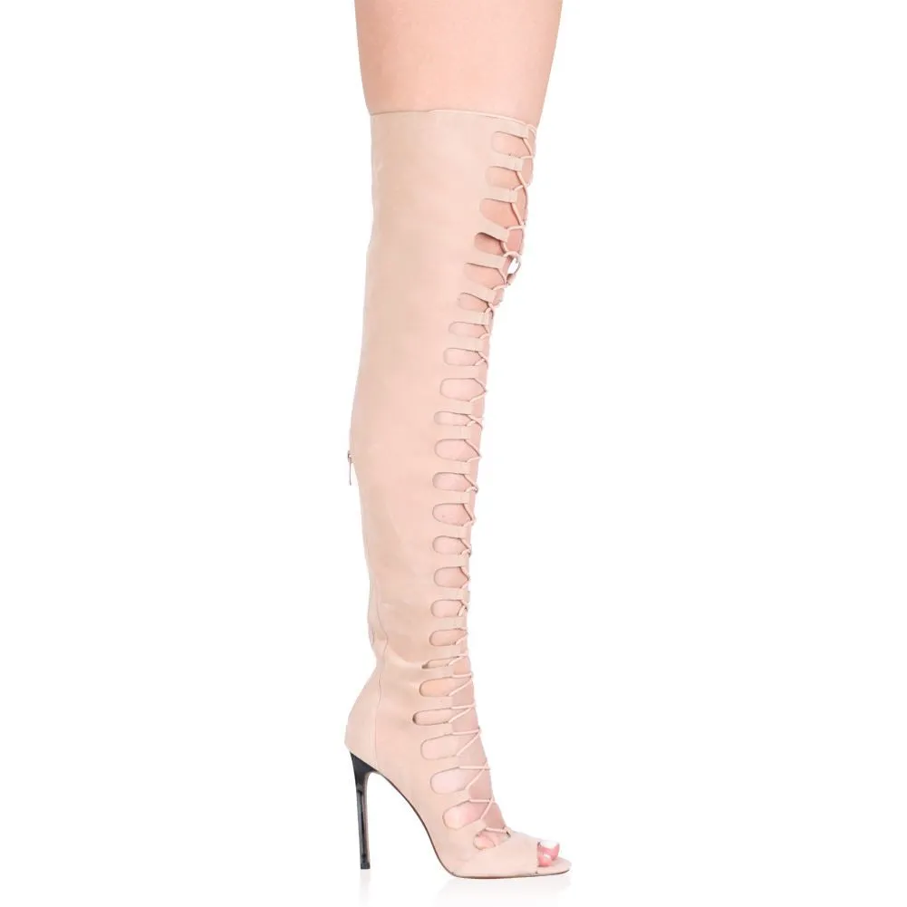 Sade Lace Up Over Knee Boots in Nude Faux Suede sold by Public Desire product image thumbnail 2