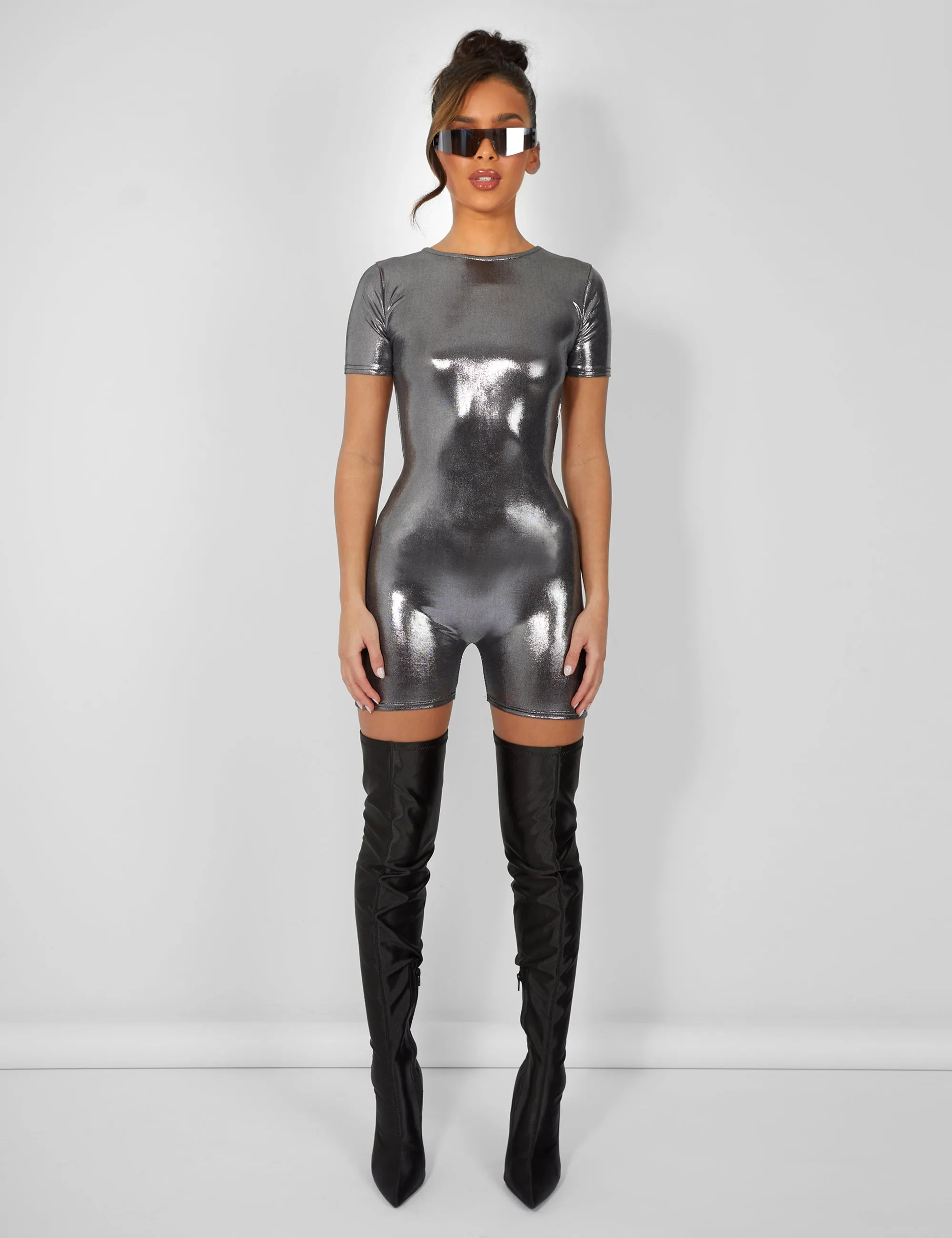 Metallic Open Back Detail Short Sleeve Unitard Playsuit Silver sold by Public Desire product image thumbnail 2