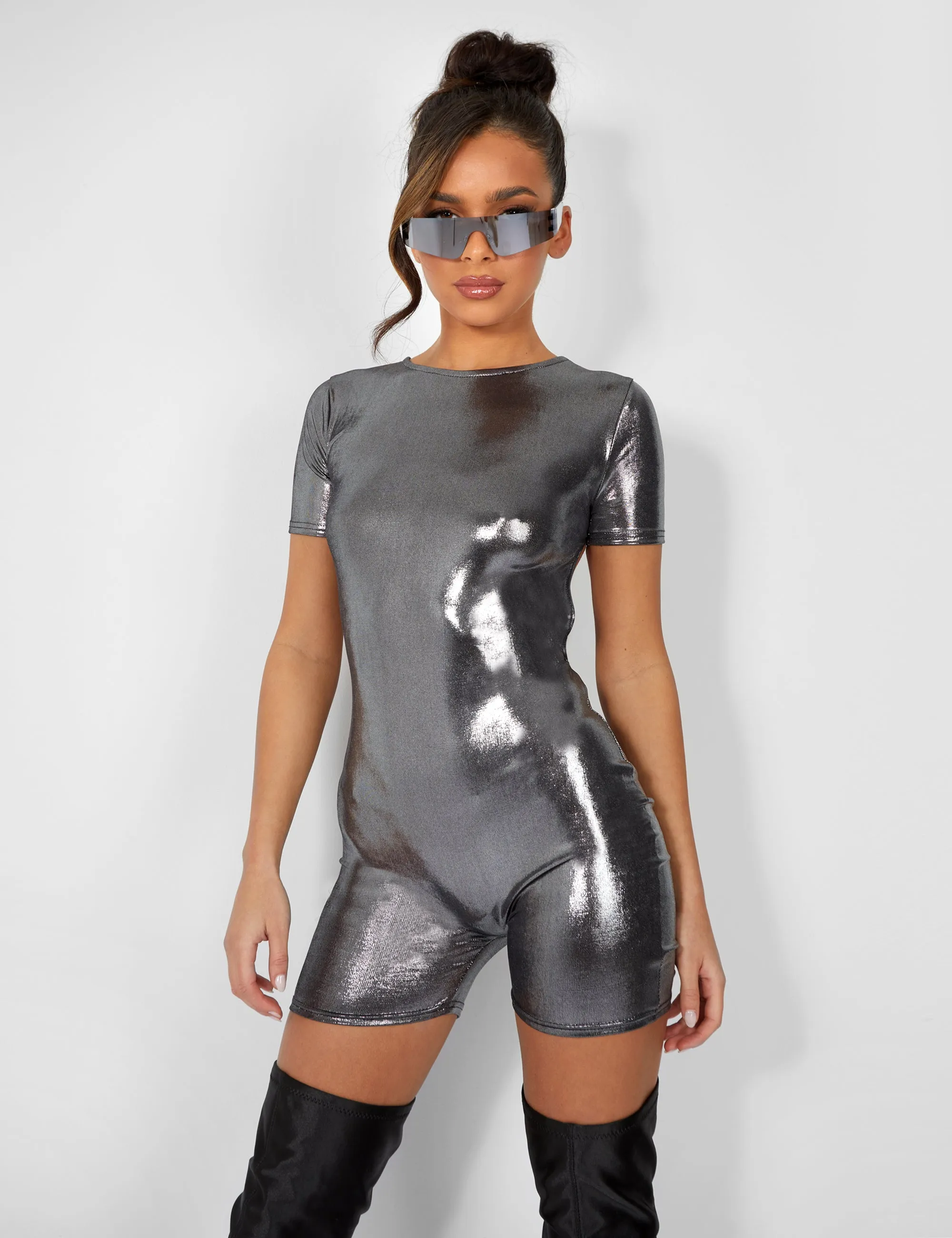 Metallic Open Back Detail Short Sleeve Unitard Playsuit Silver sold by Public Desire product image thumbnail 5