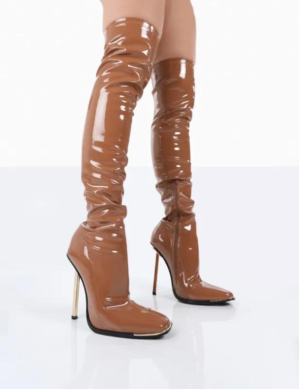 Kenza X Public Desire Vicki Choc Patent over the Knee Stiletto Heeled Boots sold by Public Desire