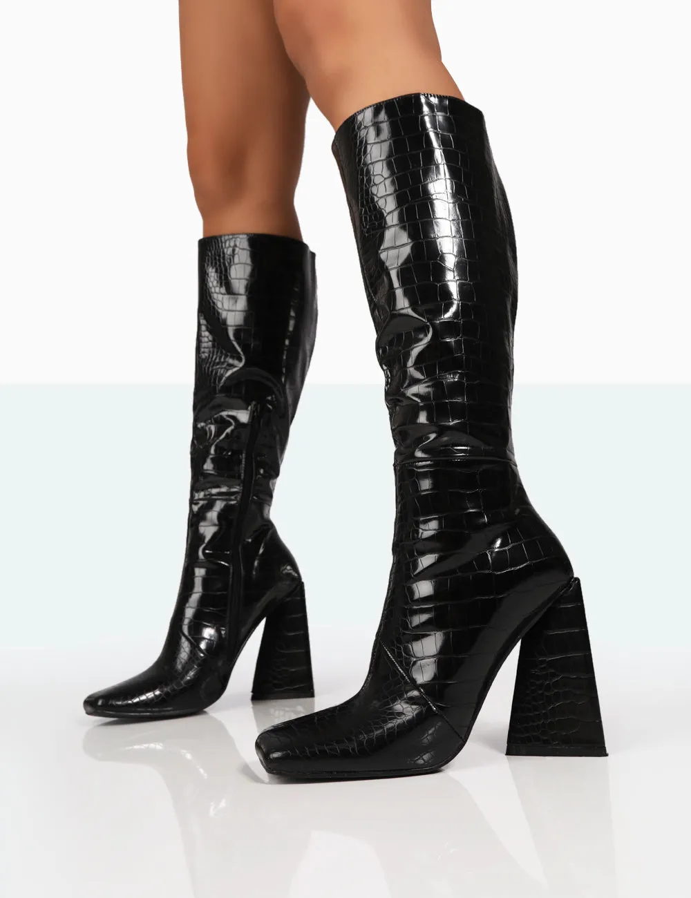 Senna Wide Fit Black Patent Croc Knee High Block Heeled Boots sold by Public Desire product image thumbnail 3