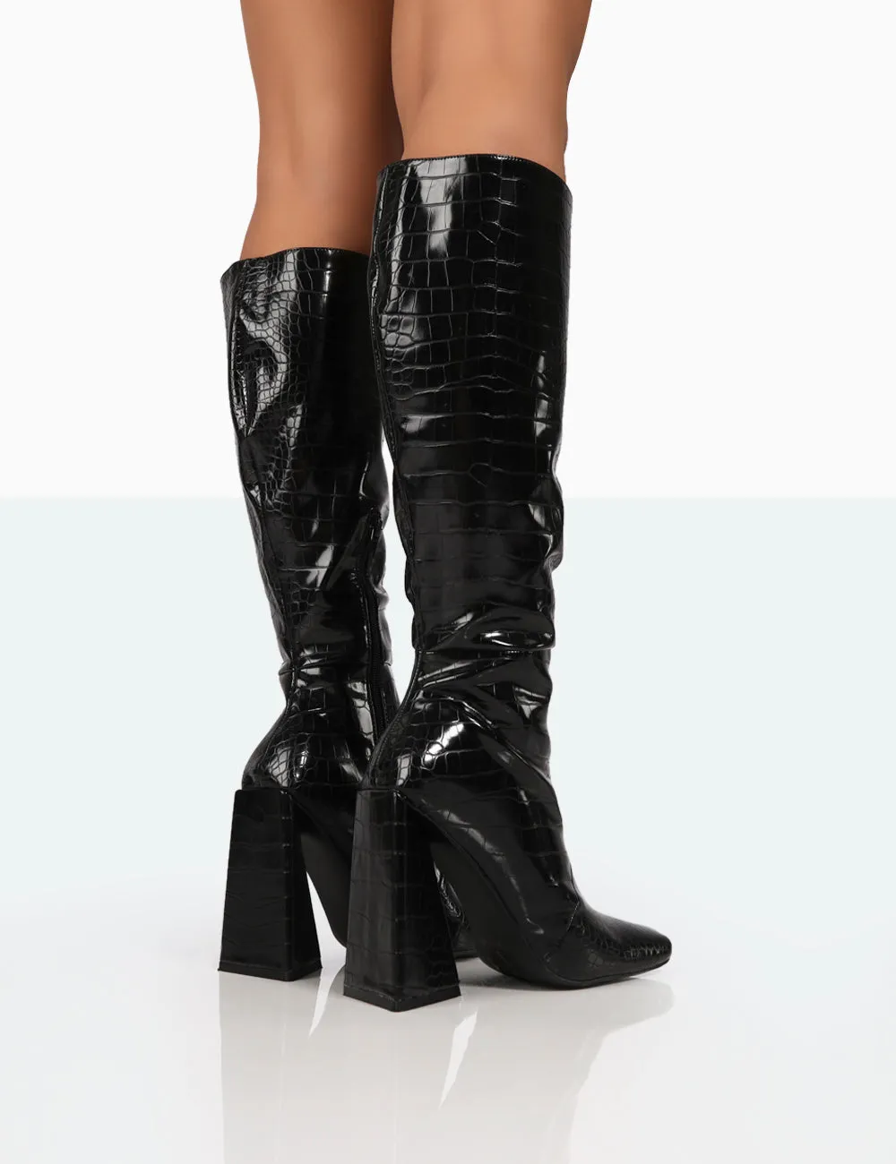 Senna Wide Fit Black Patent Croc Knee High Block Heeled Boots sold by Public Desire product image thumbnail 4