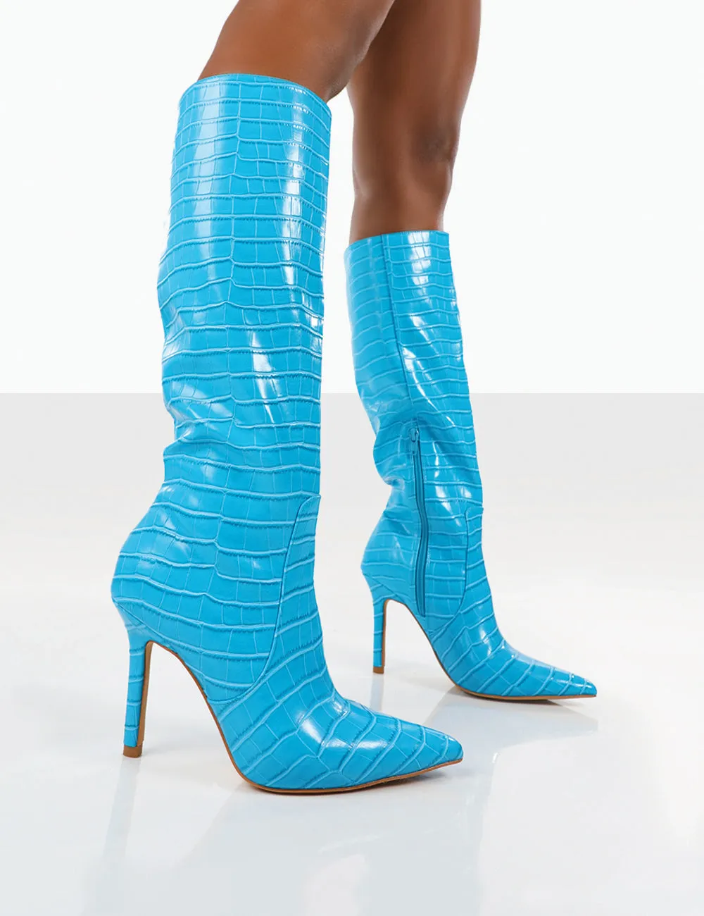 Kenza X Public Desire Rosalie Blue Croc Heeled Knee High Boots sold by Public Desire