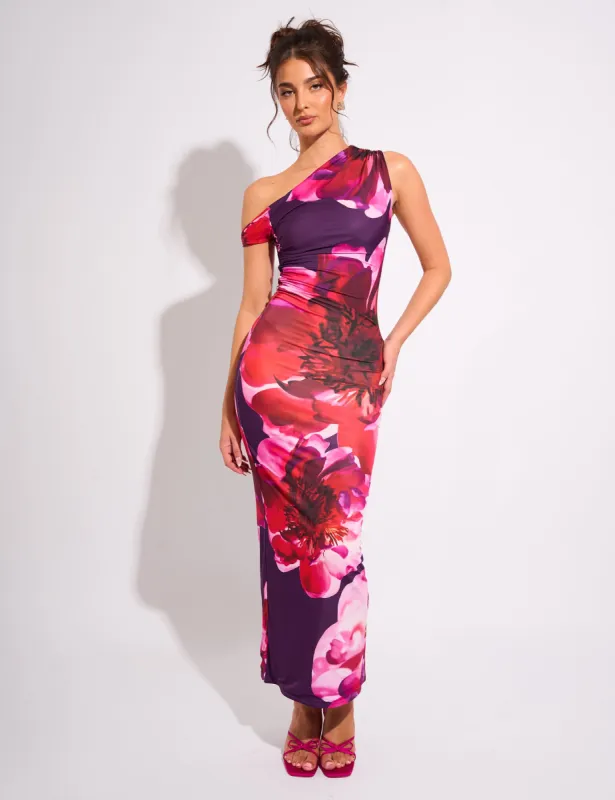 Kaiia Slinky Twist Off Shoulder Flower Print Maxi Dress Purple sold by Public Desire