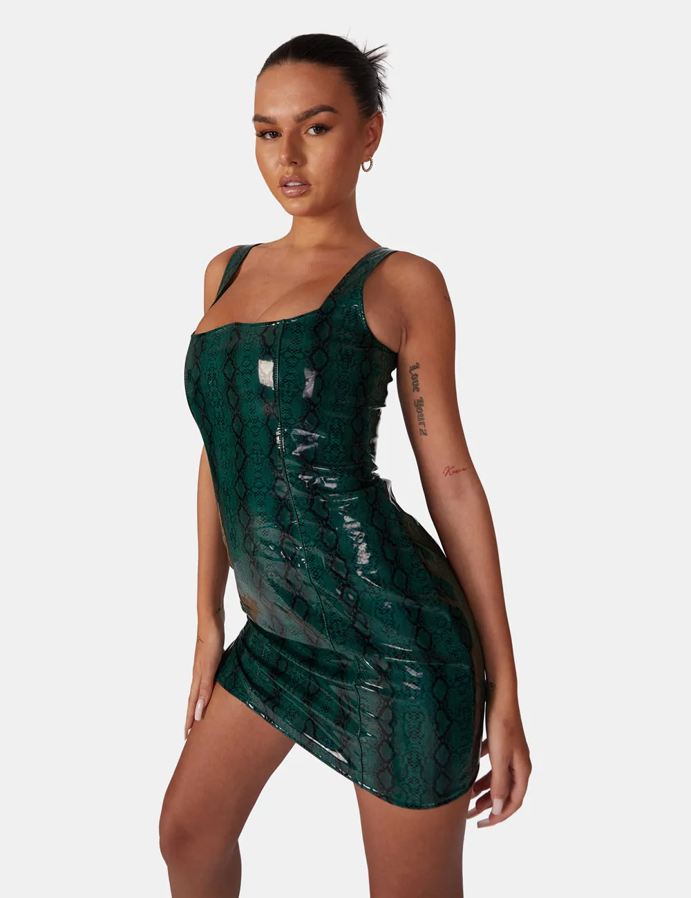 SNAKE PU CORSET MINI DRESS GREEN sold by Public Desire