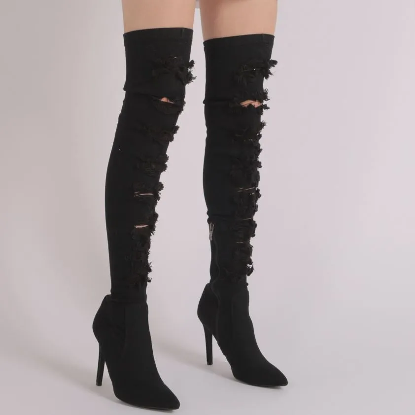 Ari Raw Ripped Denim Over The Knee Boots in Black sold by Public Desire product image thumbnail 2