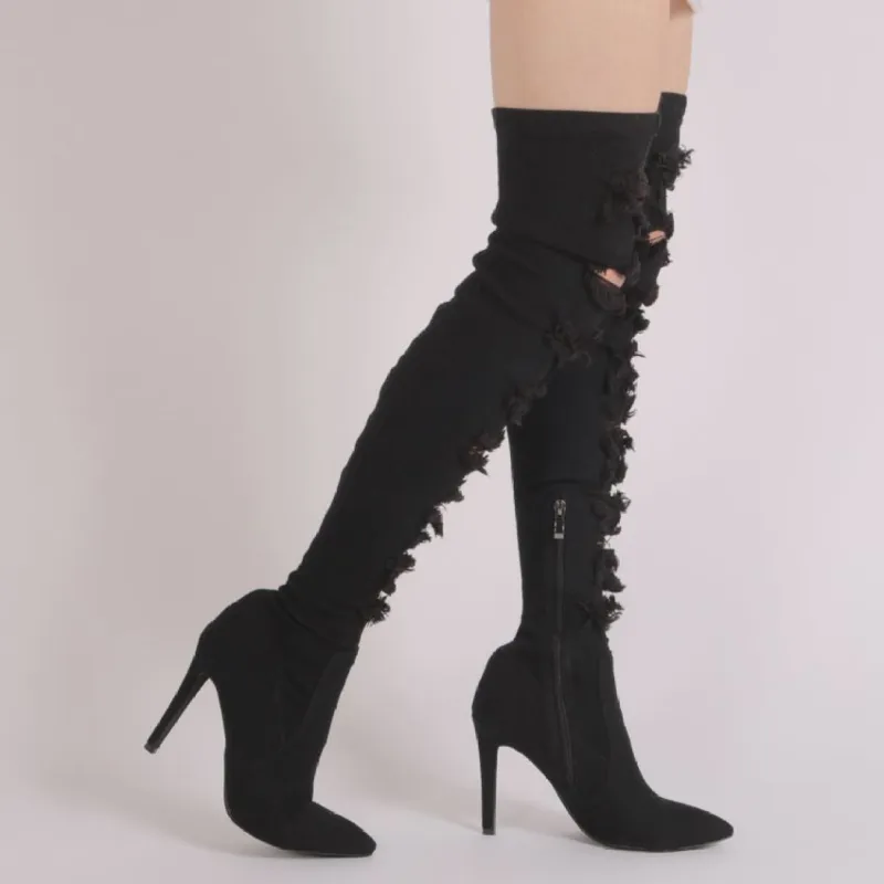 Ari Raw Ripped Denim Over The Knee Boots in Black made by Public Desire
