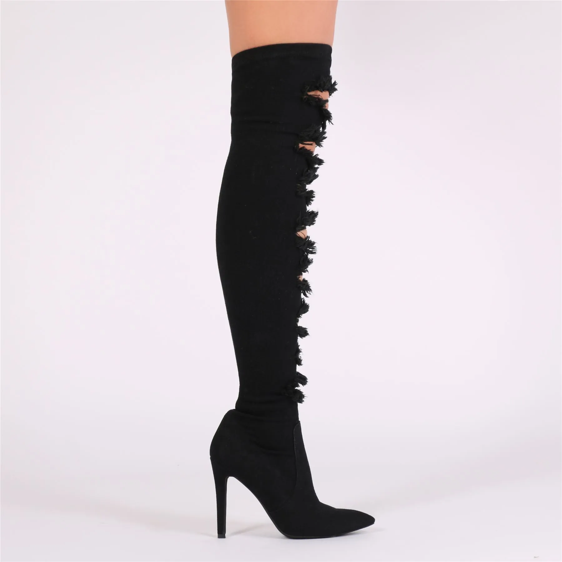 Ari Raw Ripped Denim Over The Knee Boots in Black sold by Public Desire product image thumbnail 4