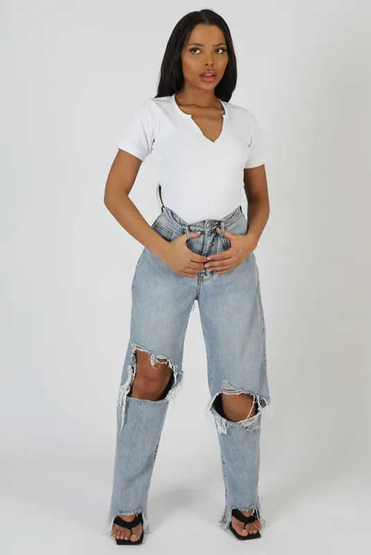 Knotch Front Short Sleeve Ribbed Bodysuit White sold by Public Desire