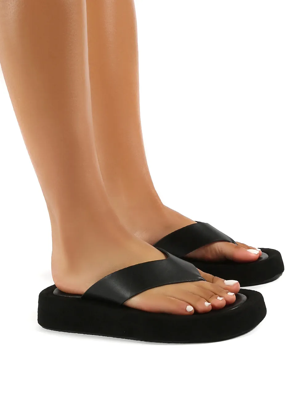 Voyage Black PU Thong Strap Chunky Sole Sandals sold by Public Desire