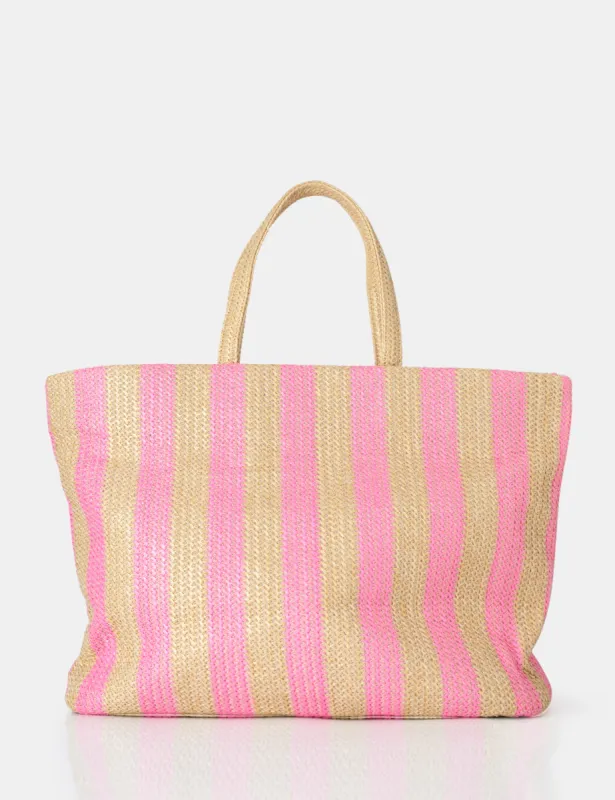 The Nikki Pink Stripe Canvas Top Handle Tote Bag sold by Public Desire