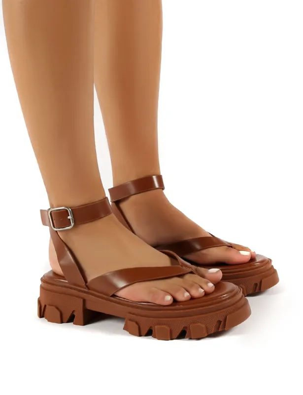 Deputy Tan PU Chunky Sole Ankle Wrap Thong Strap Sandals sold by Public Desire