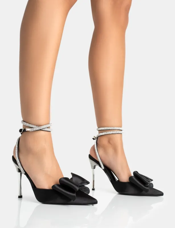 Angelic Black Satin Bow Diamante Wrap Around Pointed Court Stiletto Heel sold by Public Desire