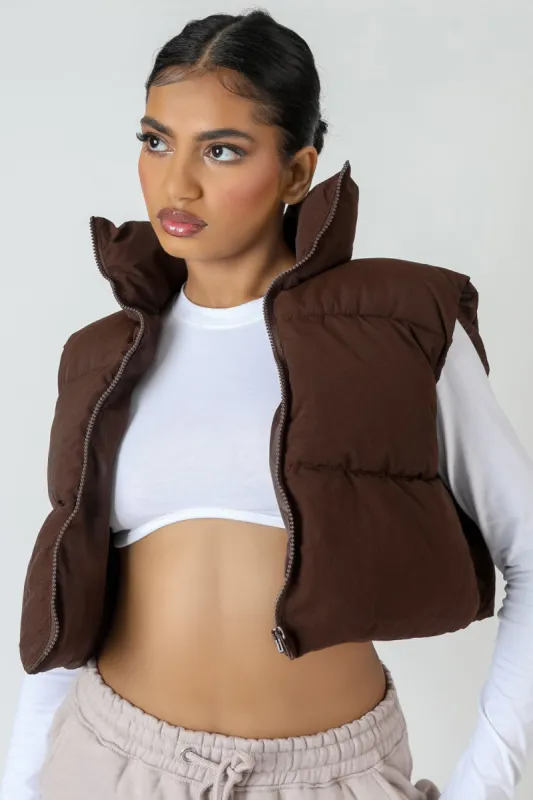 Cropped Puffer Gilet Chocolate sold by Public Desire