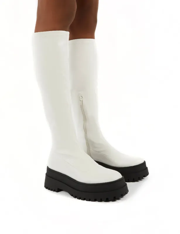 Haunt White PU Knee High Chunky Sole Boots sold by Public Desire