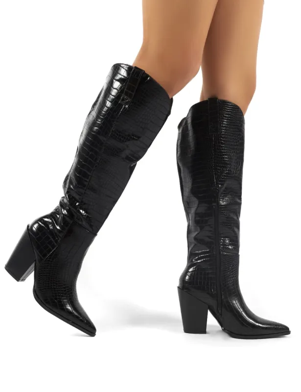 Grenade Black Croc Western Heeled Knee High Boots sold by Public Desire