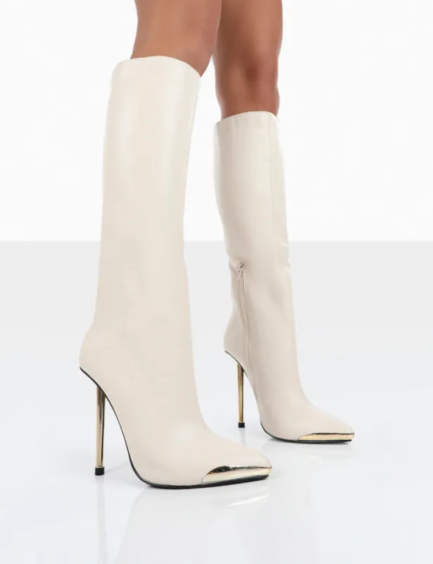 Tala Ecru PU Pointed Toe Stiletto Heel Knee High Boots sold by Public Desire