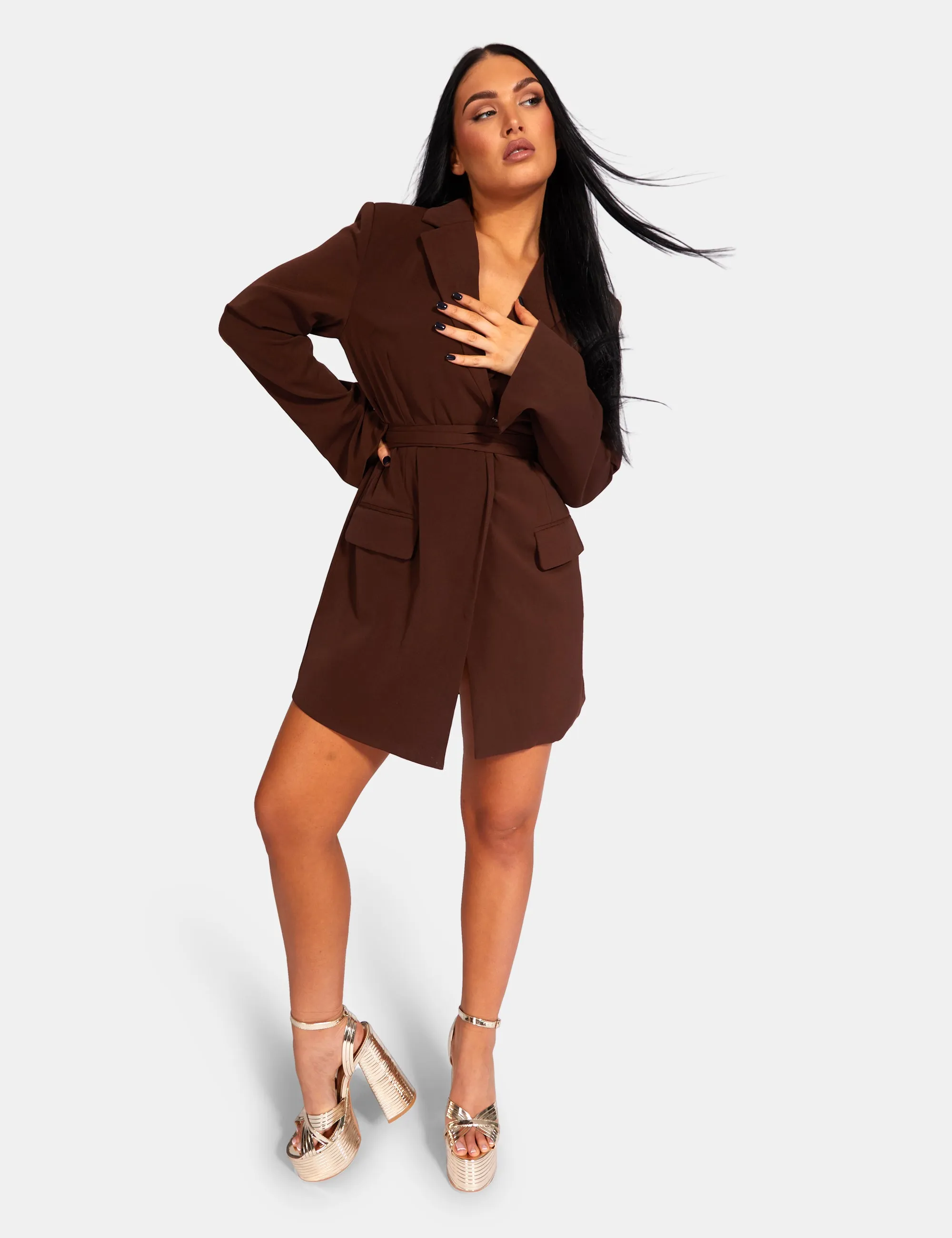 Wrap Belt Blazer Dress Chocolate sold by Public Desire product image thumbnail 2