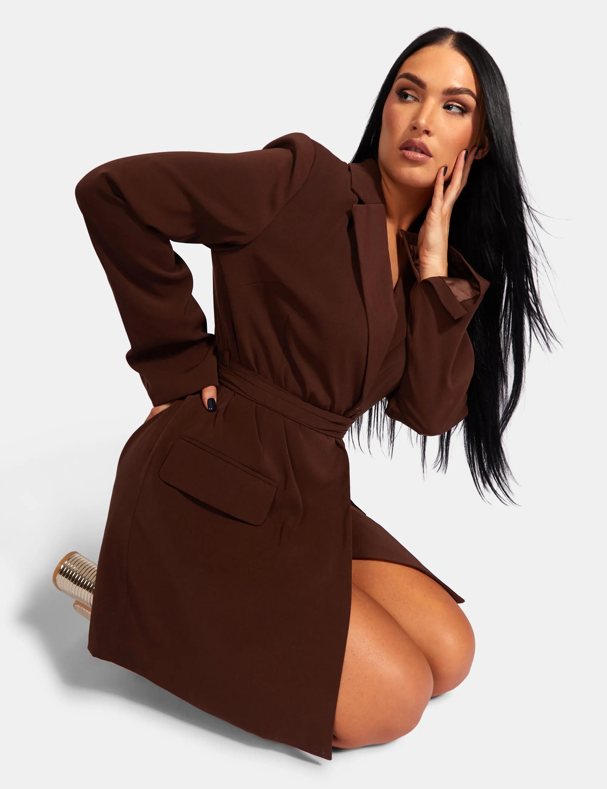 Wrap Belt Blazer Dress Chocolate sold by Public Desire product image thumbnail 5