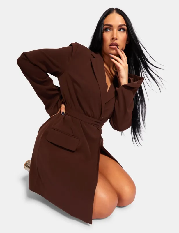 Wrap Belt Blazer Dress Chocolate sold by Public Desire