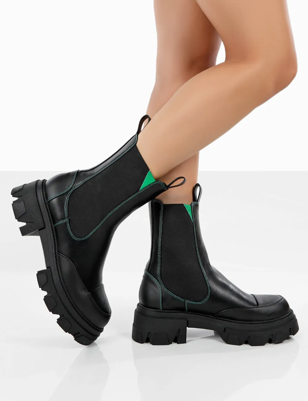 Kenza x Public Desire Fierce Black Chunky Sole Green Upper Chelsea Boots sold by Public Desire product image thumbnail 3