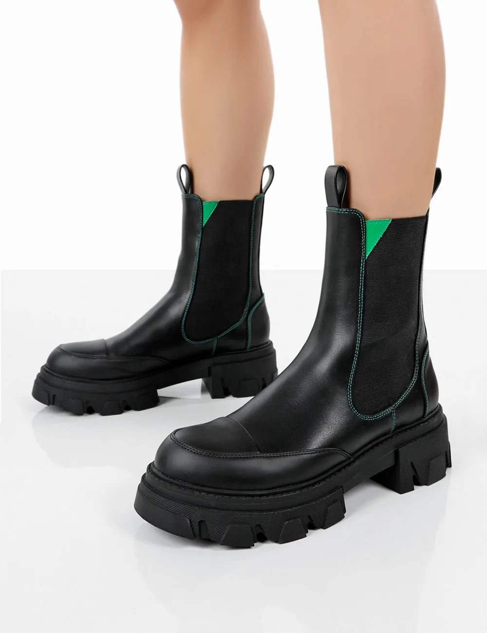 Kenza x Public Desire Fierce Black Chunky Sole Green Upper Chelsea Boots sold by Public Desire product image thumbnail 4