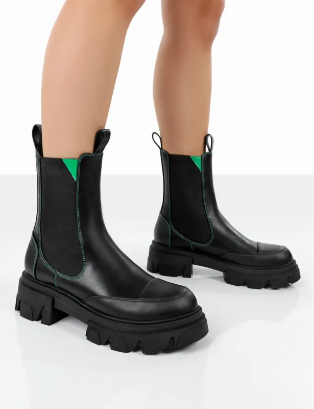 Kenza x Public Desire Fierce Black Chunky Sole Green Upper Chelsea Boots sold by Public Desire