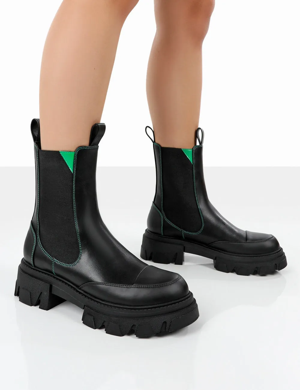 Kenza x Public Desire Fierce Black Chunky Sole Green Upper Chelsea Boots sold by Public Desire