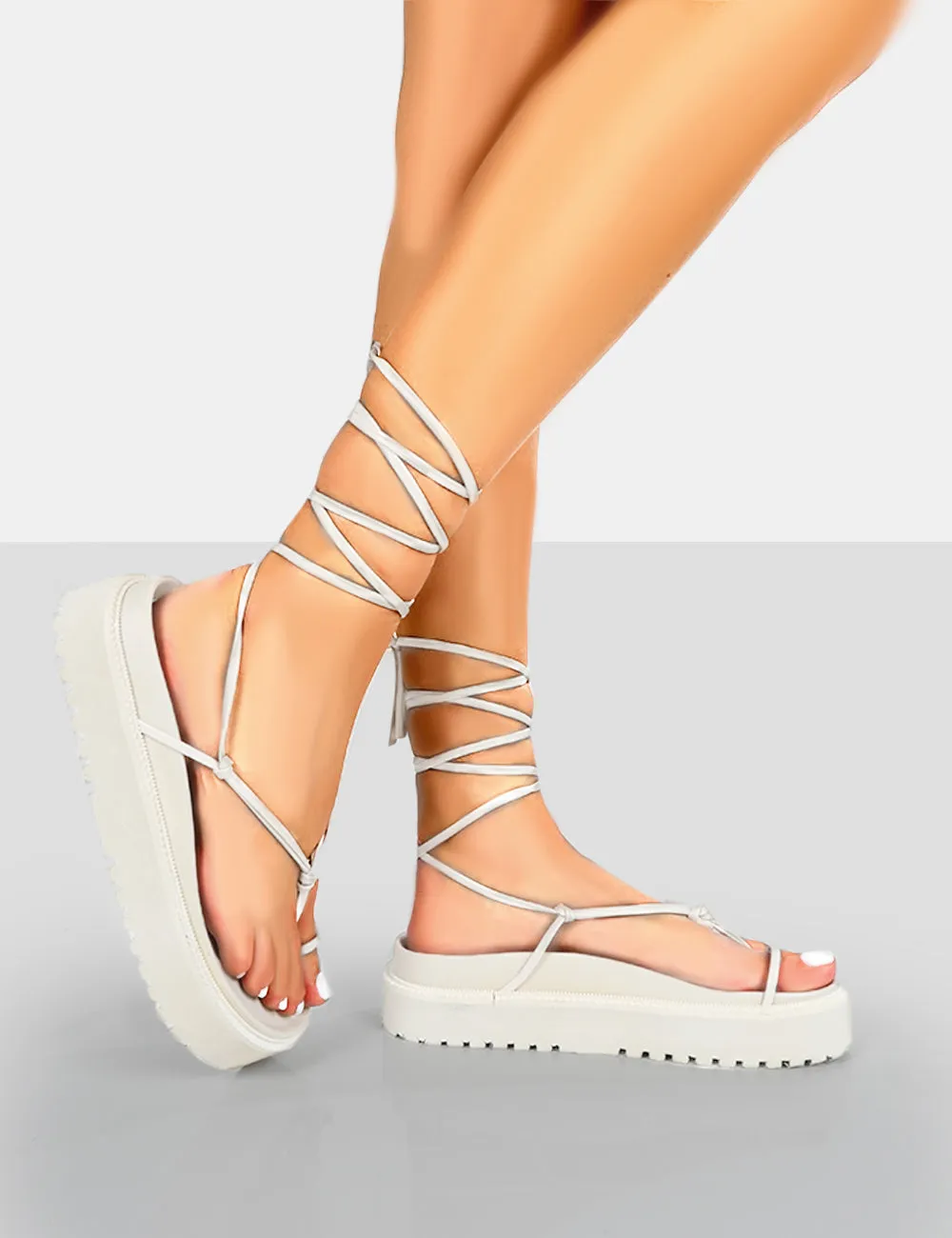 Bebe Ecru PU Chunky Flatform Lace Up Sandals sold by Public Desire product image thumbnail 4