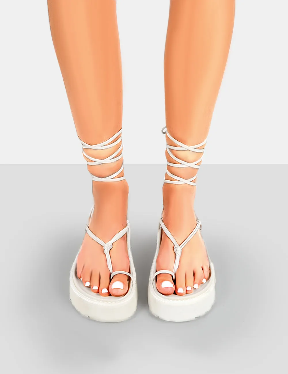 Bebe Ecru PU Chunky Flatform Lace Up Sandals sold by Public Desire product image thumbnail 3