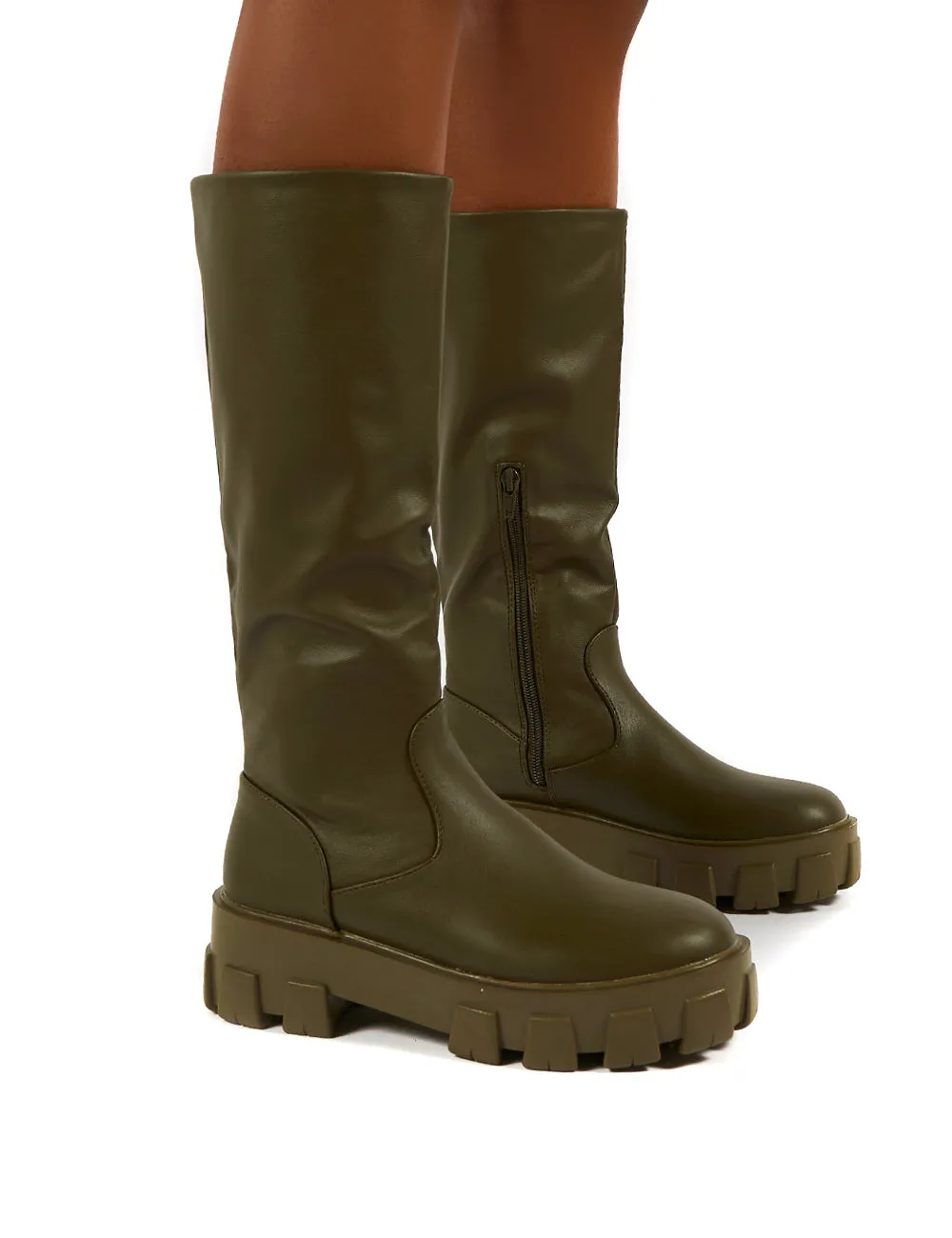 Karma Khaki Chunky Sole Knee High Boot sold by Public Desire