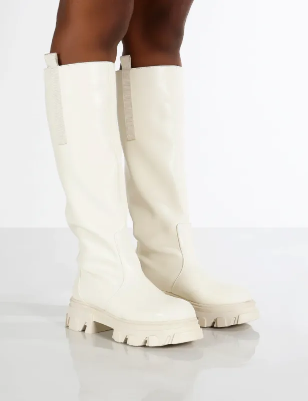 Genius Ecru Wide Fit Knee High Chunky Sole Boots sold by Public Desire