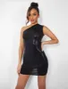 One Shoulder Ruched Metallic Mini Dress Black sold by Public Desire