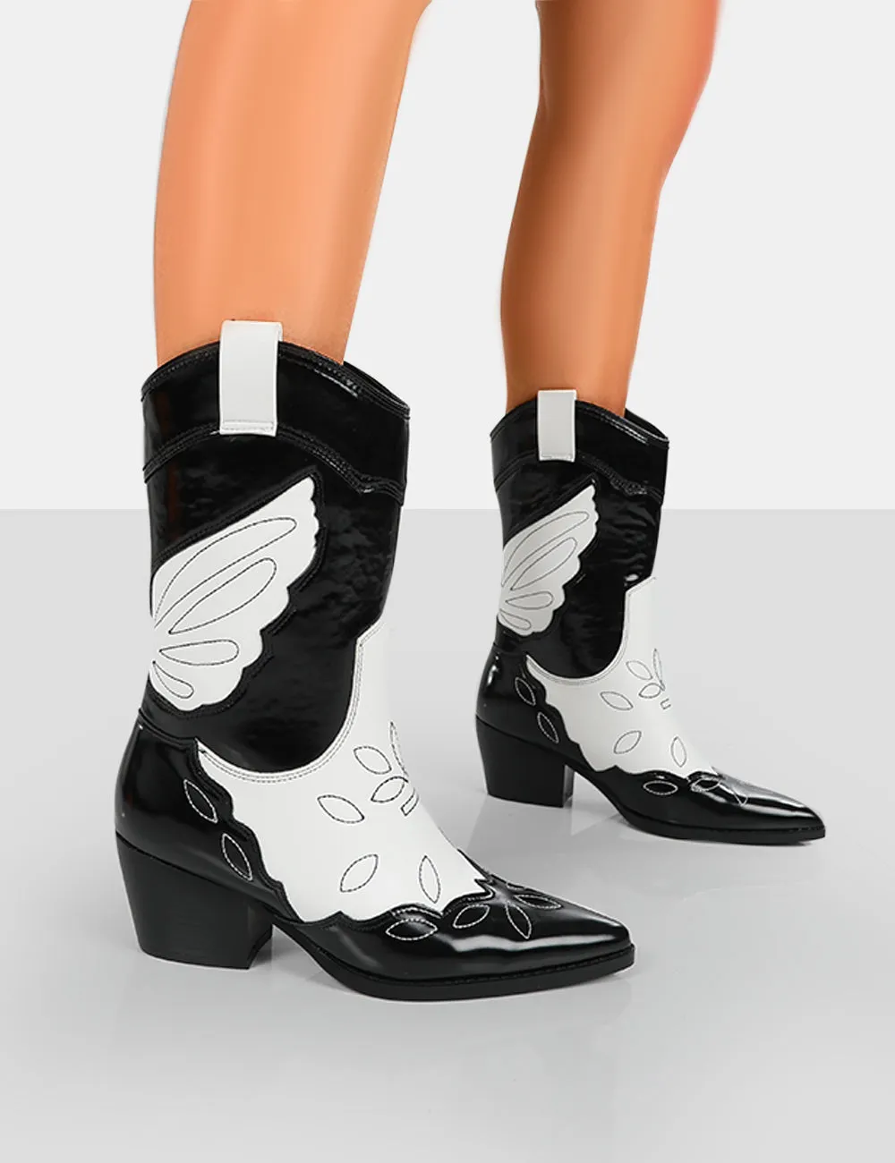 Howdy Black Patent Pointed Toe Western Cowboy Block Ankle Boots sold by Public Desire