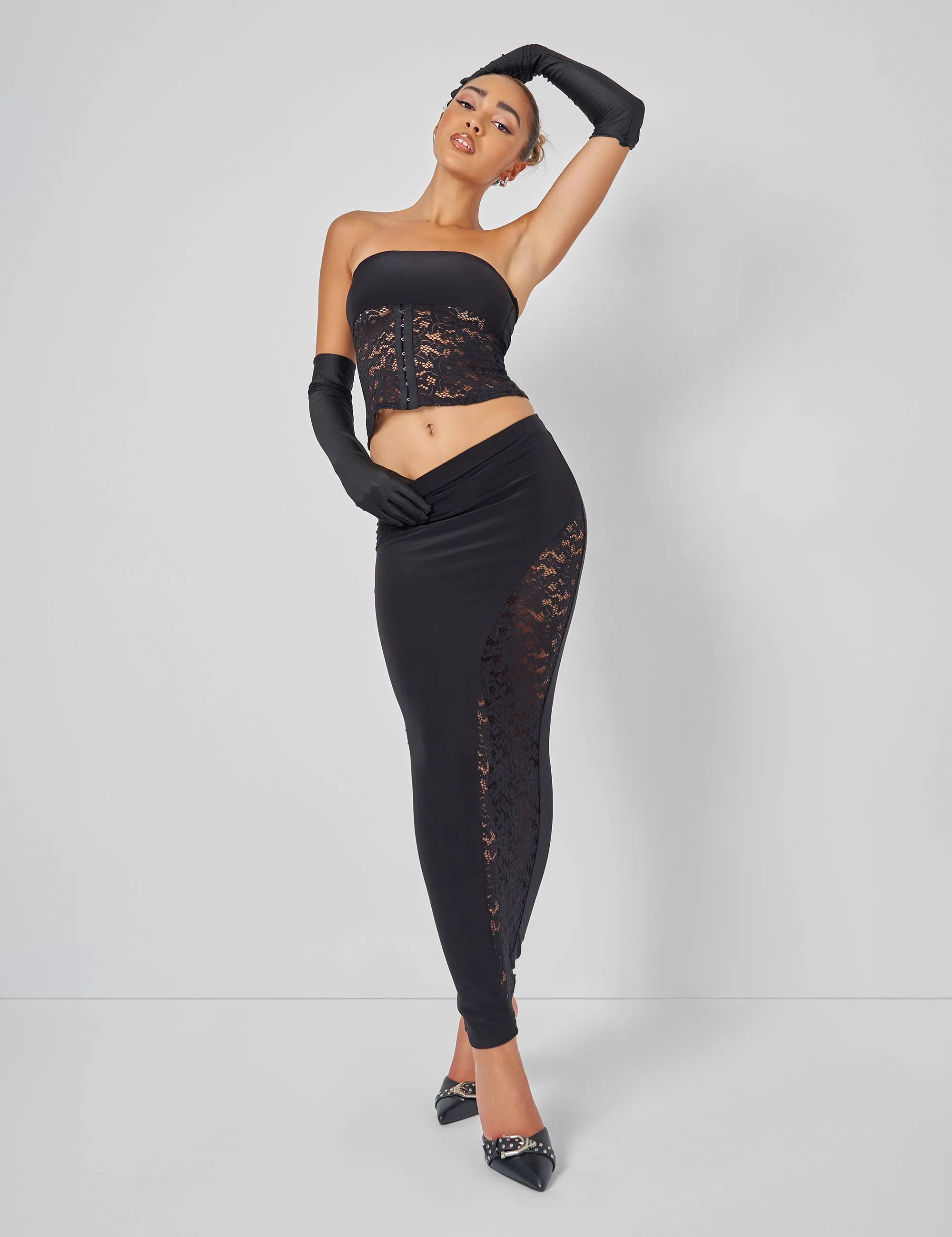 Public Desire Lace High Split Maxi Skirt Co-ord in Black sold by Public Desire