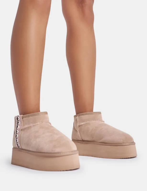 Snowfall Light Beige Faux Suede Aztec Trim Mini Ankle Platform Boots sold by Public Desire