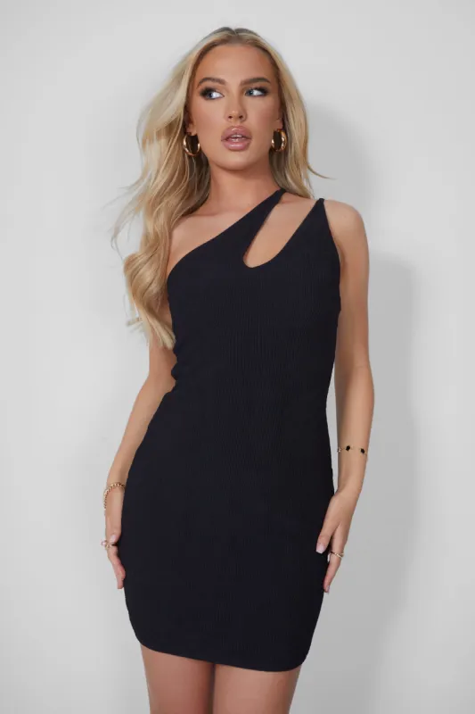 Scrunch One Shoulder Cut Out Mini Beach Dress Black sold by Public Desire