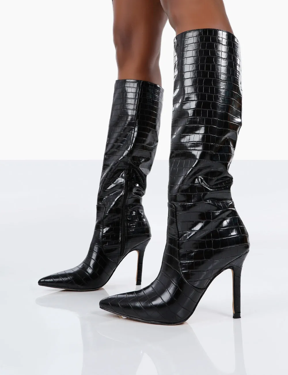Kenza X Public Desire Rosalie Black Croc Heeled Knee High Boots sold by Public Desire product image thumbnail 4