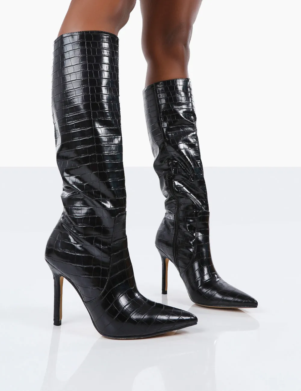 Kenza X Public Desire Rosalie Black Croc Heeled Knee High Boots sold by Public Desire