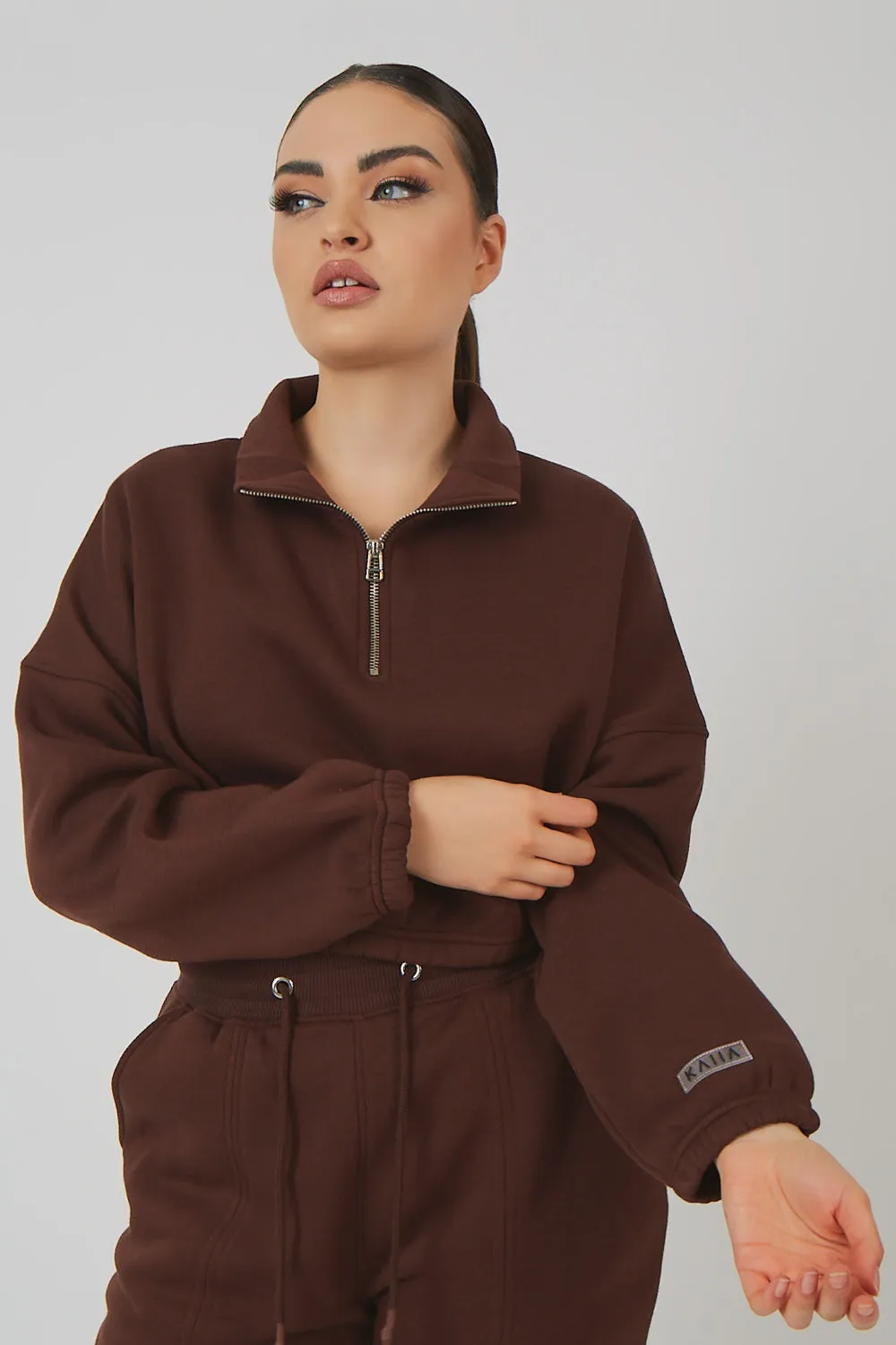 Oversized Half Zip Pullover Gathered Hem Sweat Chocolate sold by Public Desire product image thumbnail 4