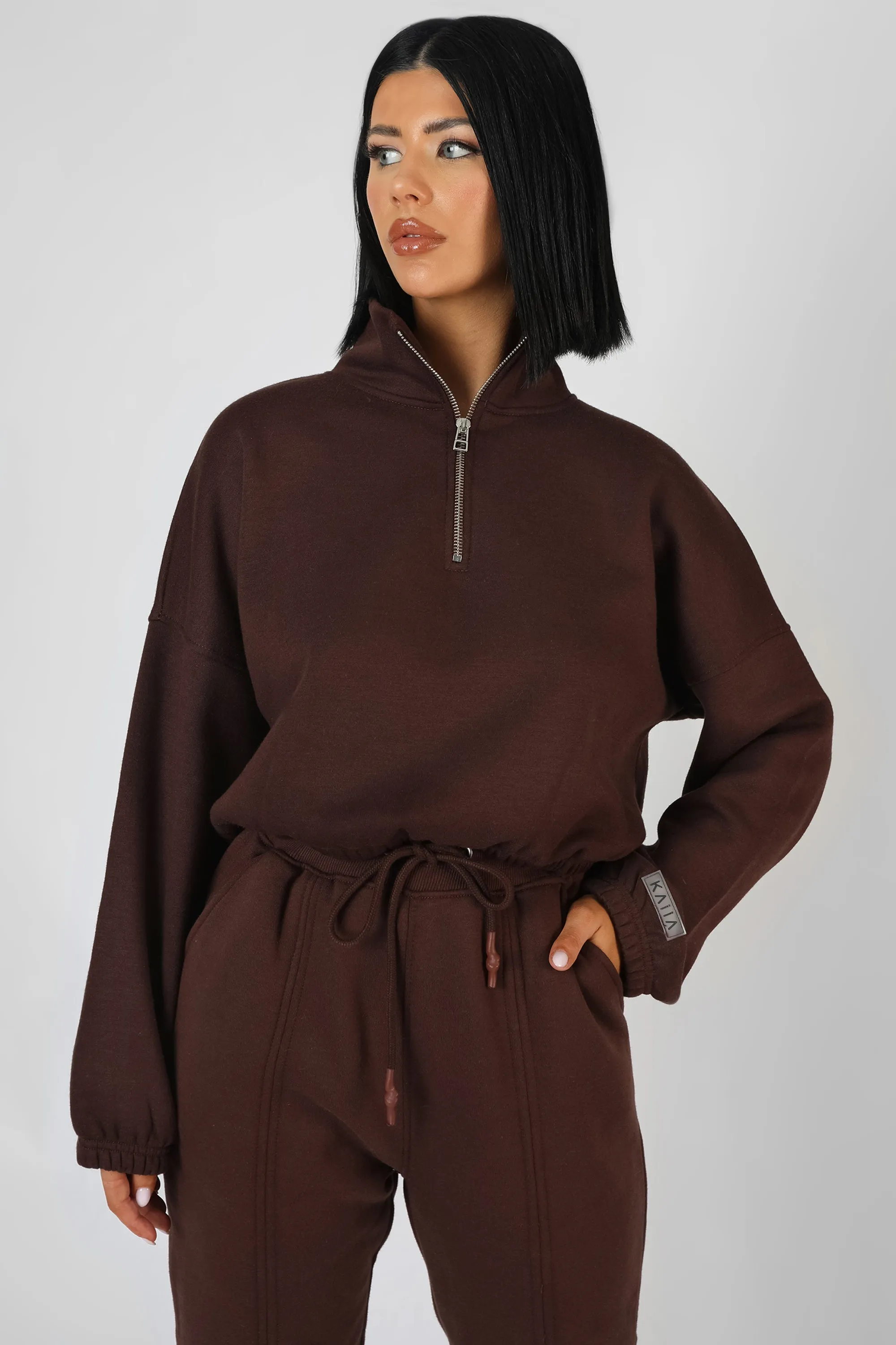 Oversized Half Zip Pullover Gathered Hem Sweat Chocolate sold by Public Desire