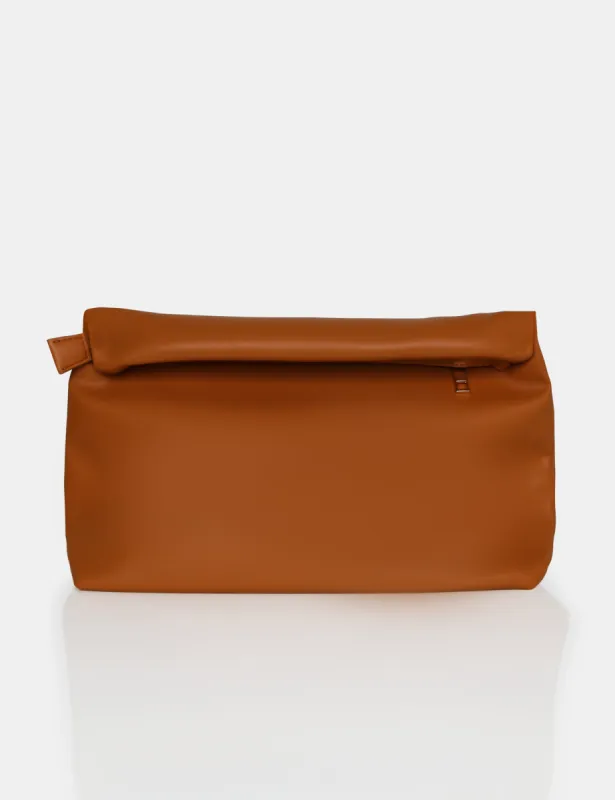The Aria Caramel Folded Detail Clutch Bag sold by Public Desire