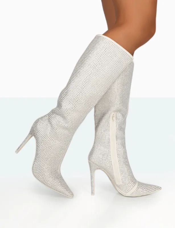 Lexi Silver Diamante Stiletto Knee High Boots sold by Public Desire