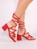 Freya Knotted Strappy Block Heeled Sandals in Red Faux Suede sold by Public Desire