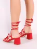 Freya Knotted Strappy Block Heeled Sandals in Red Faux Suede sold by Public Desire