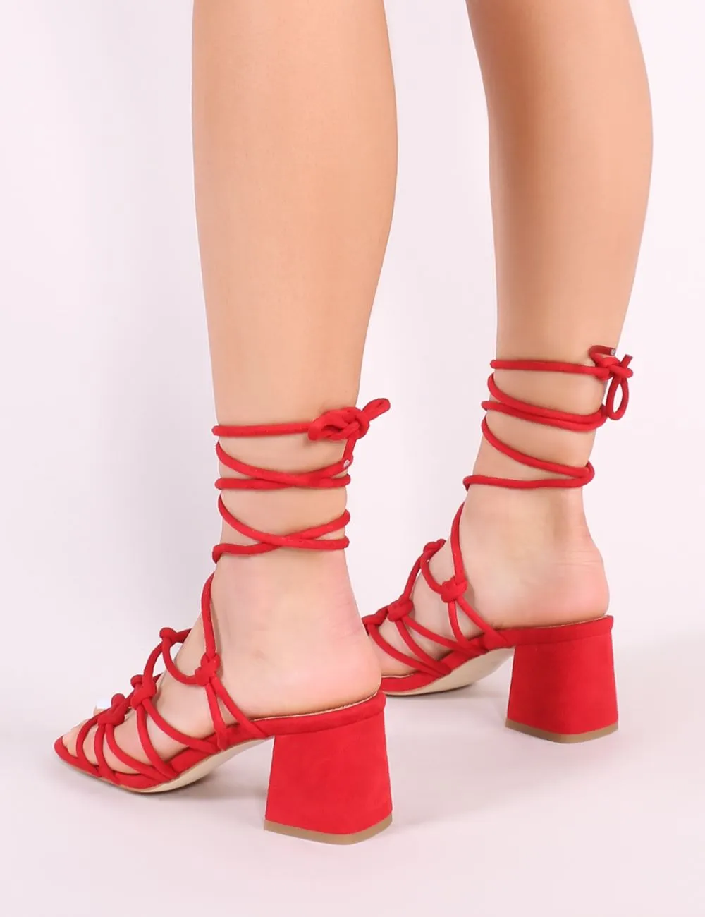 Freya Knotted Strappy Block Heeled Sandals in Red Faux Suede sold by Public Desire product image thumbnail 3