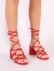 Freya Knotted Strappy Block Heeled Sandals in Red Faux Suede sold by Public Desire